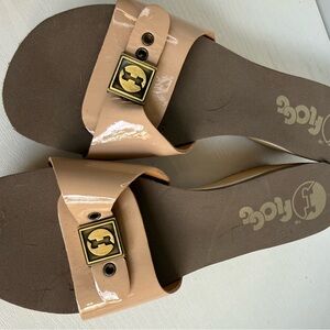 Ost Nude Patent Slide Sandals with Gold Square Buckle